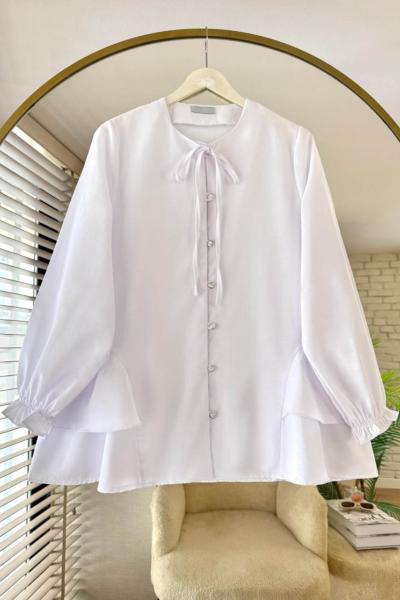 Yaka Bağcıklı Poplin Gömlek Beyaz