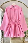 Yarım Patlı Beli Kuşaklı Gömlek Pembe