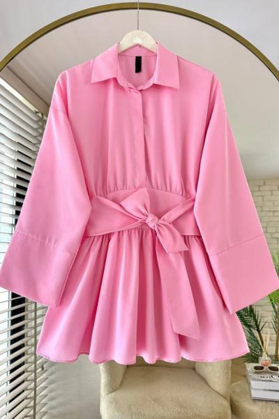 Yarım Patlı Beli Kuşaklı Gömlek Pembe