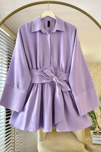 Yarım Patlı Beli Kuşaklı Gömlek Lila