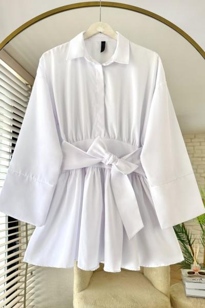 Yarım Patlı Beli Kuşaklı Gömlek Beyaz