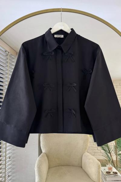 Fiyonklu Kısa Gömlek Siyah