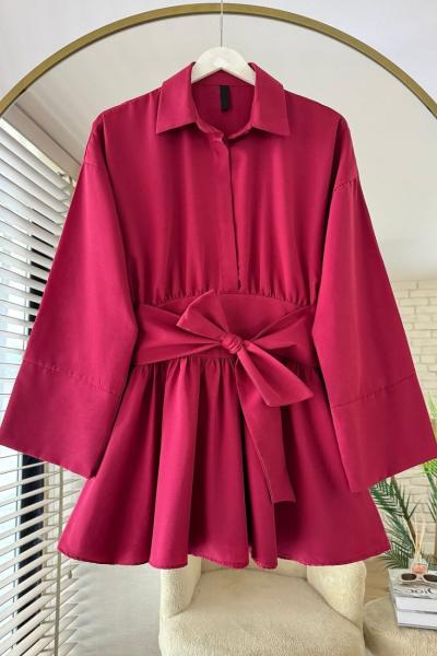 Yarım Patlı Beli Kuşaklı Gömlek Bordo