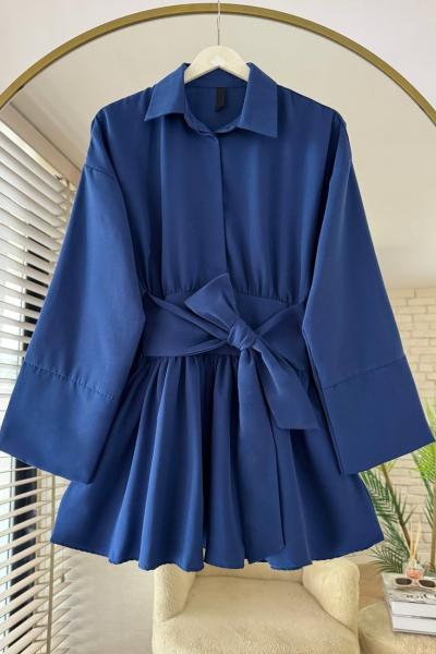 Yarım Patlı Beli Kuşaklı Gömlek Lacivert
