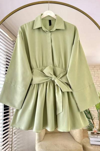 Yarım Patlı Beli Kuşaklı Gömlek Yeşil