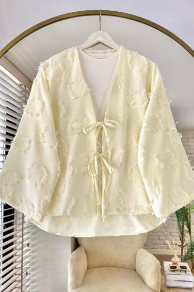 Püsküllü Keten Kimono Sarı