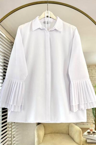 Kolları Piliseli Poplin Gömlek Beyaz