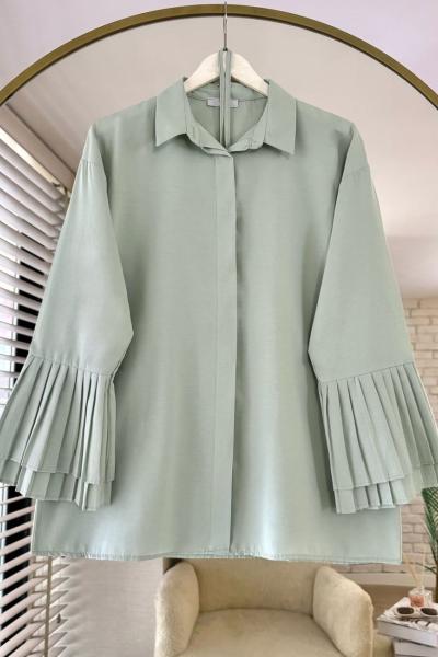 Kolları Piliseli Poplin Gömlek Yeşil