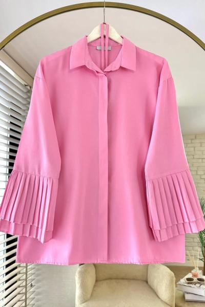 Kolları Piliseli Poplin Gömlek Pembe