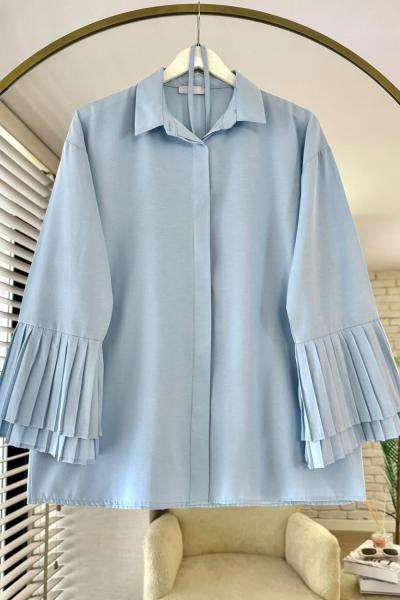 Kolları Piliseli Poplin Gömlek Mavi