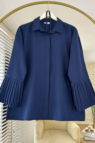 Kolları Piliseli Poplin Gömlek Lacivert