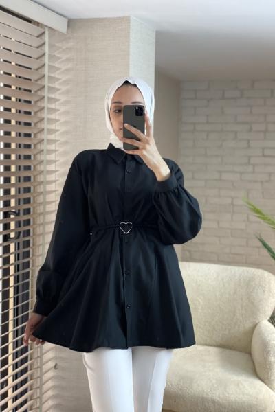 Kalp Kemerli Poplin Gömlek Siyah