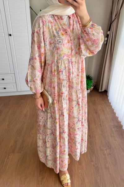 Çiçek Desenli Yarım Patlı Elbise Pembe