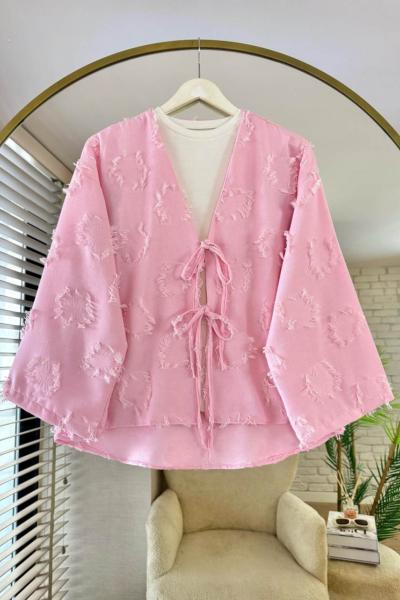 Püsküllü Keten Kimono Pembe