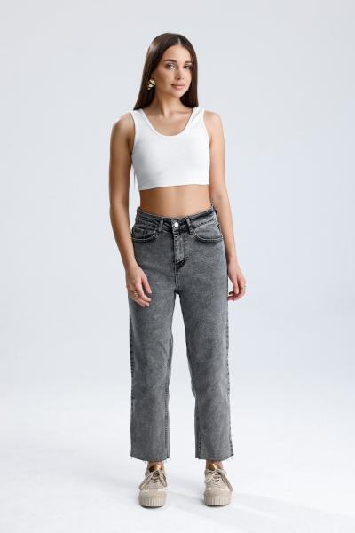 Kesik Paça Mom Jean Gri