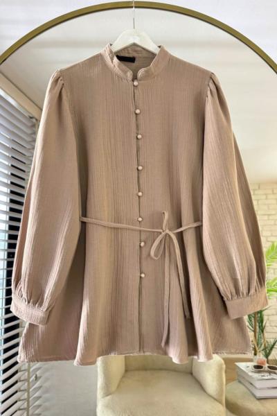 Brit Düğmeli Müslin Gömlek  Sütlü Kahve