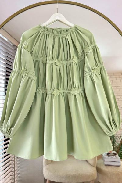 Çiçek İşlemeli Poplin Tunik Çağla Yeşili