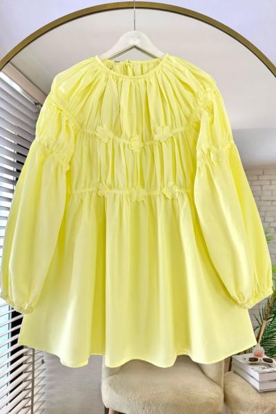 Çiçek İşlemeli Poplin Tunik Sarı