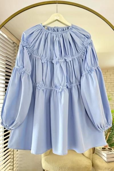 Çiçek İşlemeli Poplin Tunik Mavi