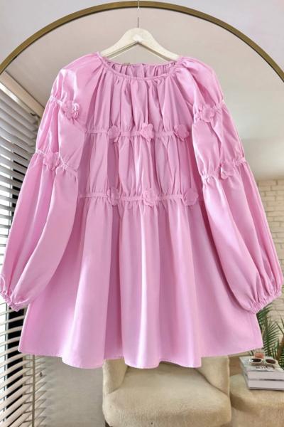 Çiçek İşlemeli Poplin Tunik Pembe