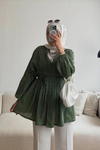 Önü Pensli Vual Gömlek Yeşil