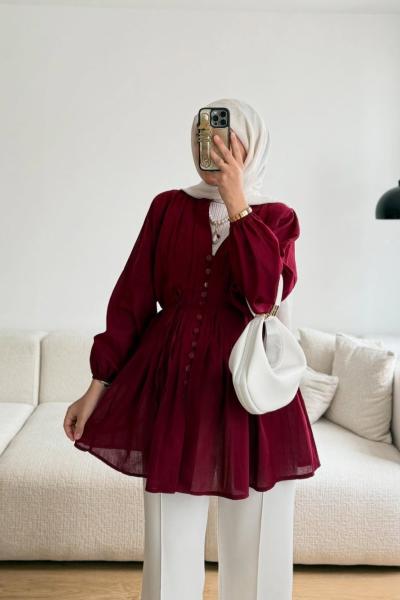 Önü Pensli Vual Gömlek Bordo