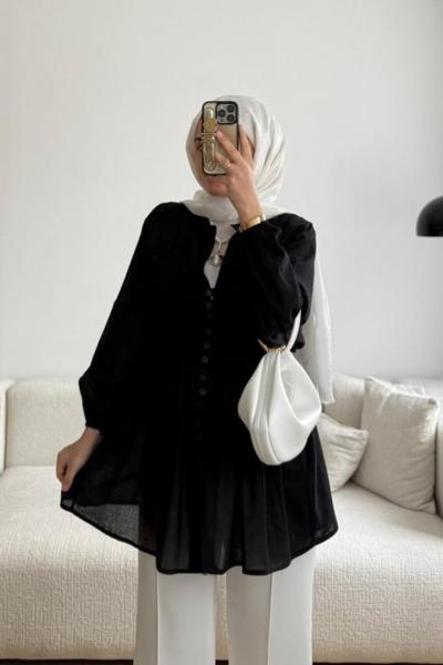 Önü Pensli Vual Gömlek Siyah