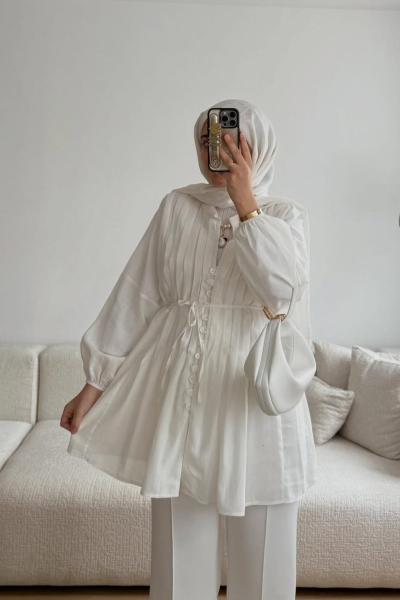 Önü Pensli Vual Gömlek Beyaz