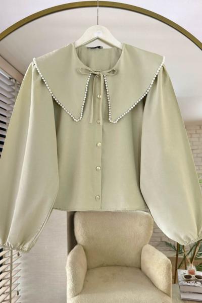 Yakası İncili Gömlek Çağla Yeşili