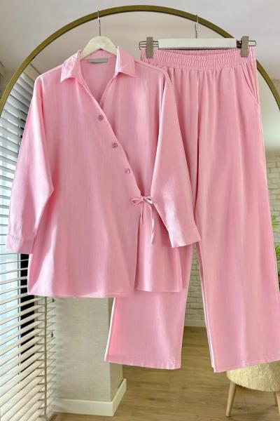 Çapraz Düğmeli Keten Takım Pembe