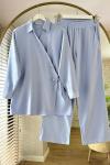 Çapraz Düğmeli Keten Takım Mavi
