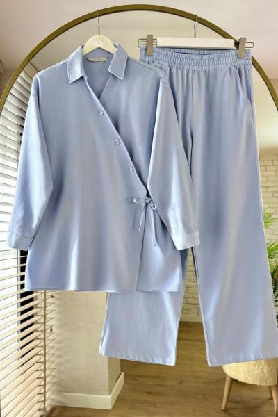 Çapraz Düğmeli Keten Takım Mavi