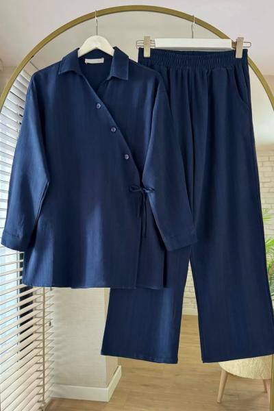 Çapraz Düğmeli Keten Takım Lacivert