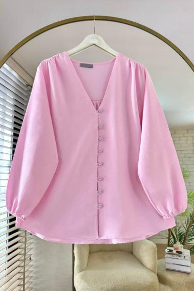 V Yaka Keten Gömlek Pembe