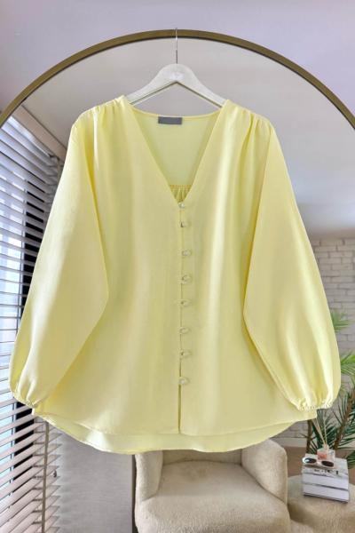 V Yaka Keten Gömlek Sarı