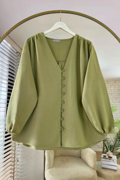 V Yaka Keten Gömlek Yeşil