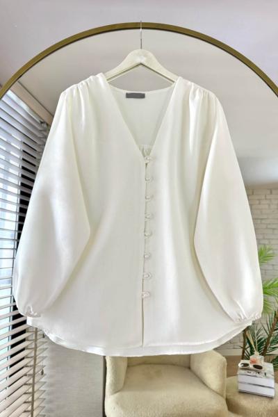 V Yaka Keten Gömlek Ekru