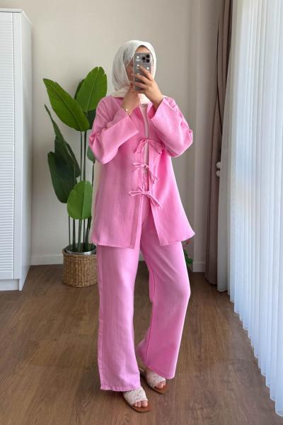Fiyonk Bağlamalı Müslin Takım Pembe