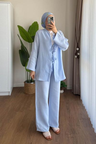 Fiyonk Bağlamalı Müslin Takım Mavi
