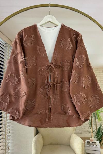 Püsküllü Keten Kimono Kahverengi