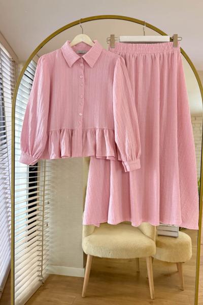 Gofre Keten Takım Pembe