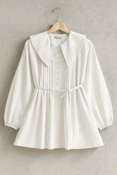 Bebe Yaka Nervürlü Tunik Beyaz