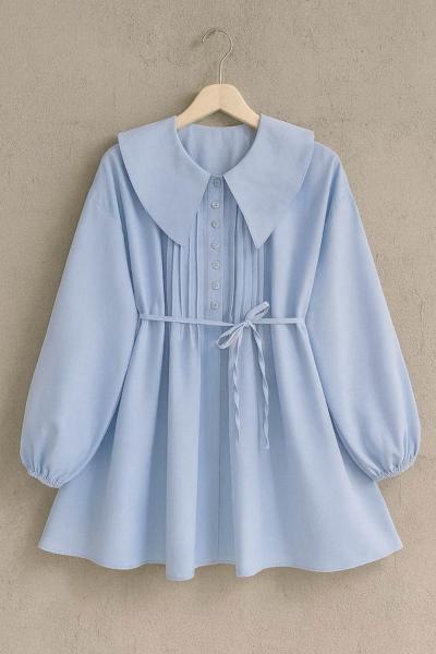 Bebe Yaka Nervürlü Tunik Mavi