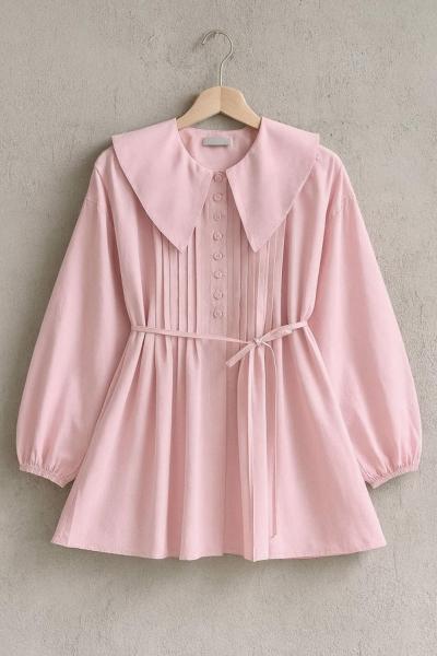 Bebe Yaka Nervürlü Tunik Pembe