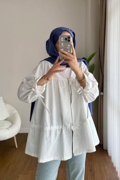 Büzgülü Poplin Kimono Beyaz