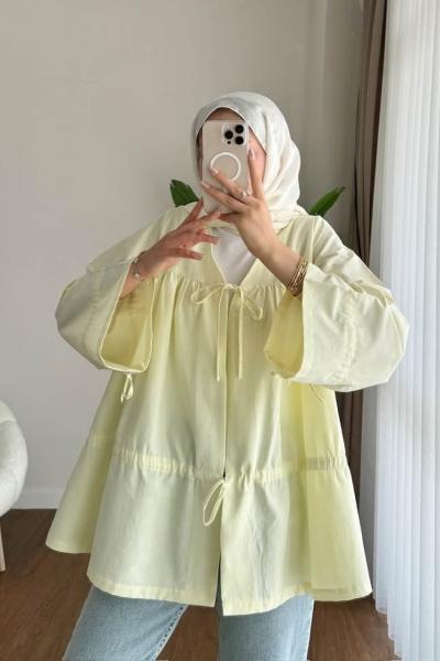 Büzgülü Poplin Kimono Sarı