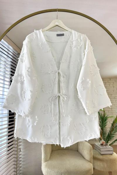 Uzun Püsküllü Kimono Beyaz