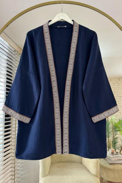 Kilim Şeritli Müslin Kimono Lacivert