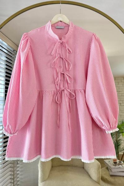 Güpür Detaylı Gofre Tunik Pembe