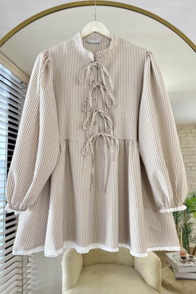 Güpür Detaylı Gofre Tunik Bej